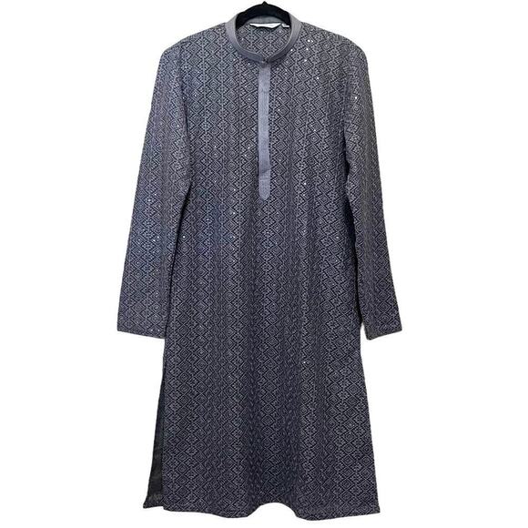 SENSO Indian Kurta Gray Long Sleeve High Neck Tunic Sequin Dress Women’s Sz 40/M - Picture 2 of 11